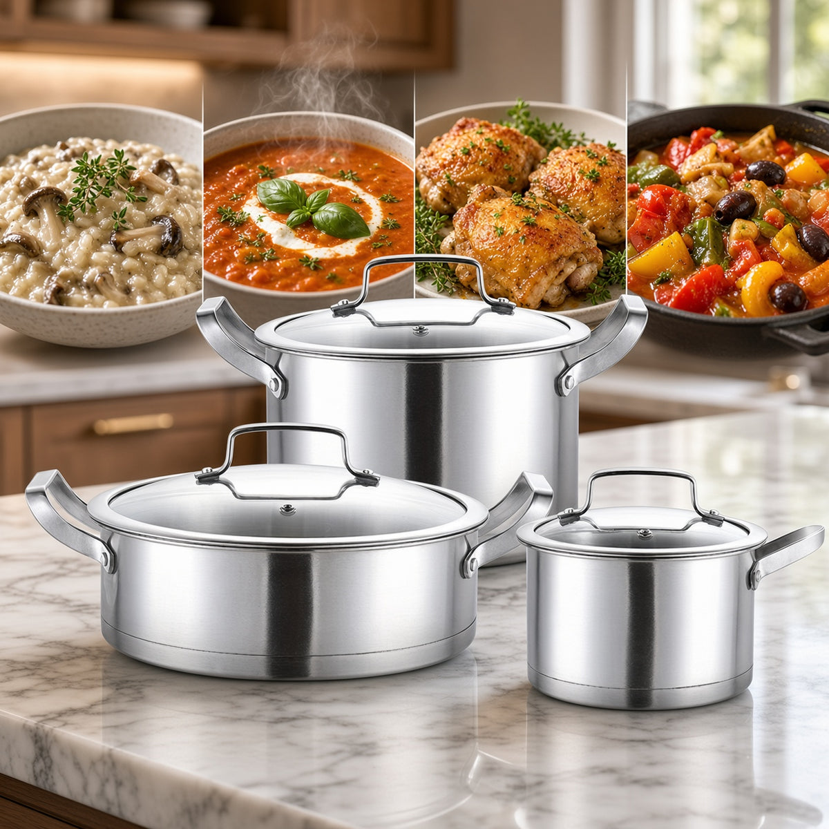 Set de 3 casseroles inox 16, 20 et 24 cm avec couvercles en verre