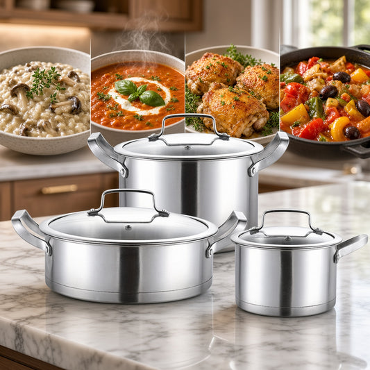 Set de 3 casseroles inox 16, 20 et 24 cm avec couvercles en verre