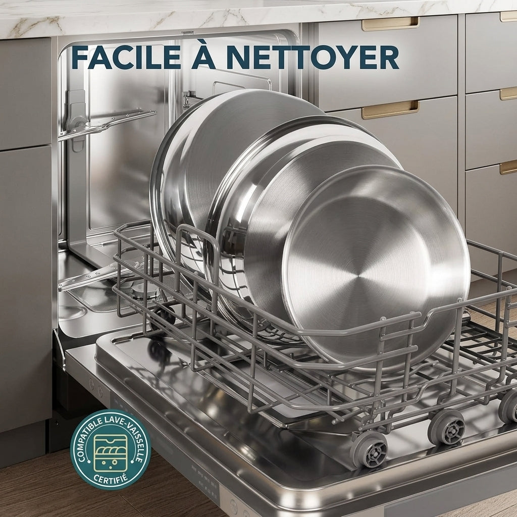 Poêles inox sans manche empilées dans le lave-vaisselle