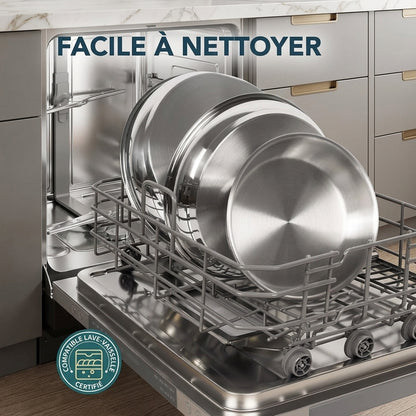 Poêles inox sans manche empilées dans le lave-vaisselle