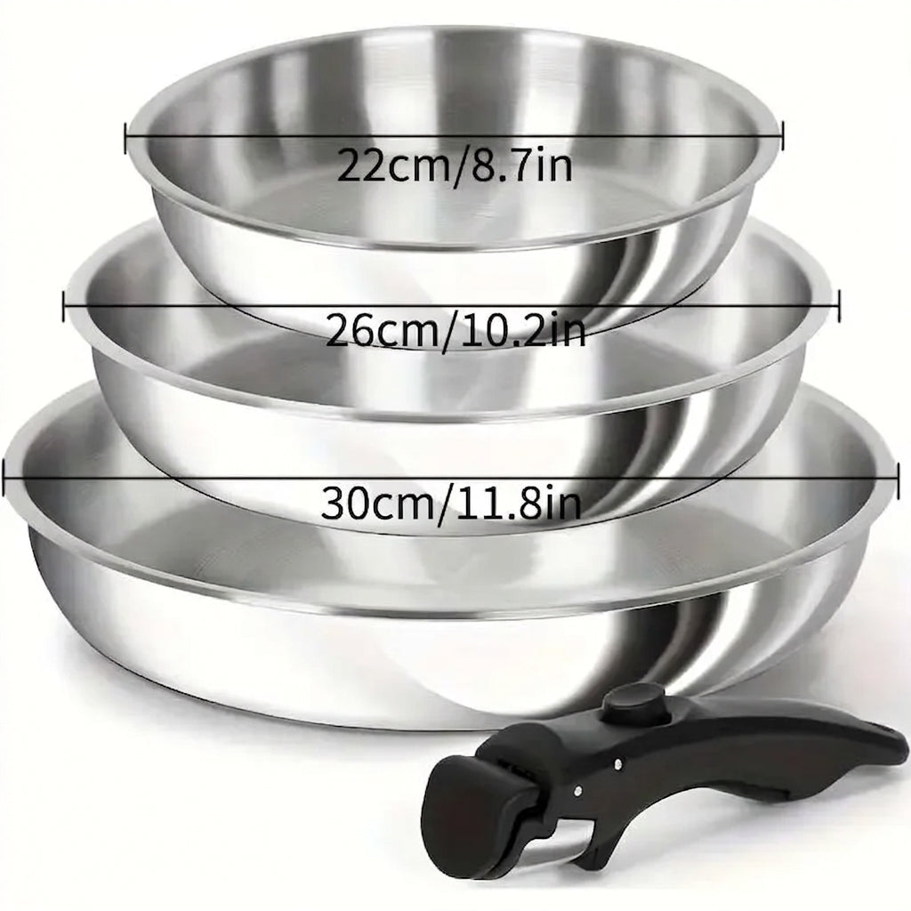 Set de 3 poêles inox 22, 26 et 30 cm avec manche amovible