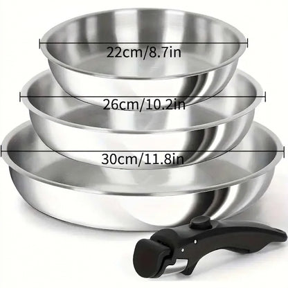 Set de 3 poêles inox 22, 26 et 30 cm avec manche amovible