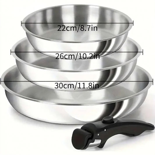 Set de 3 poêles inox 22, 26 et 30 cm avec manche amovible