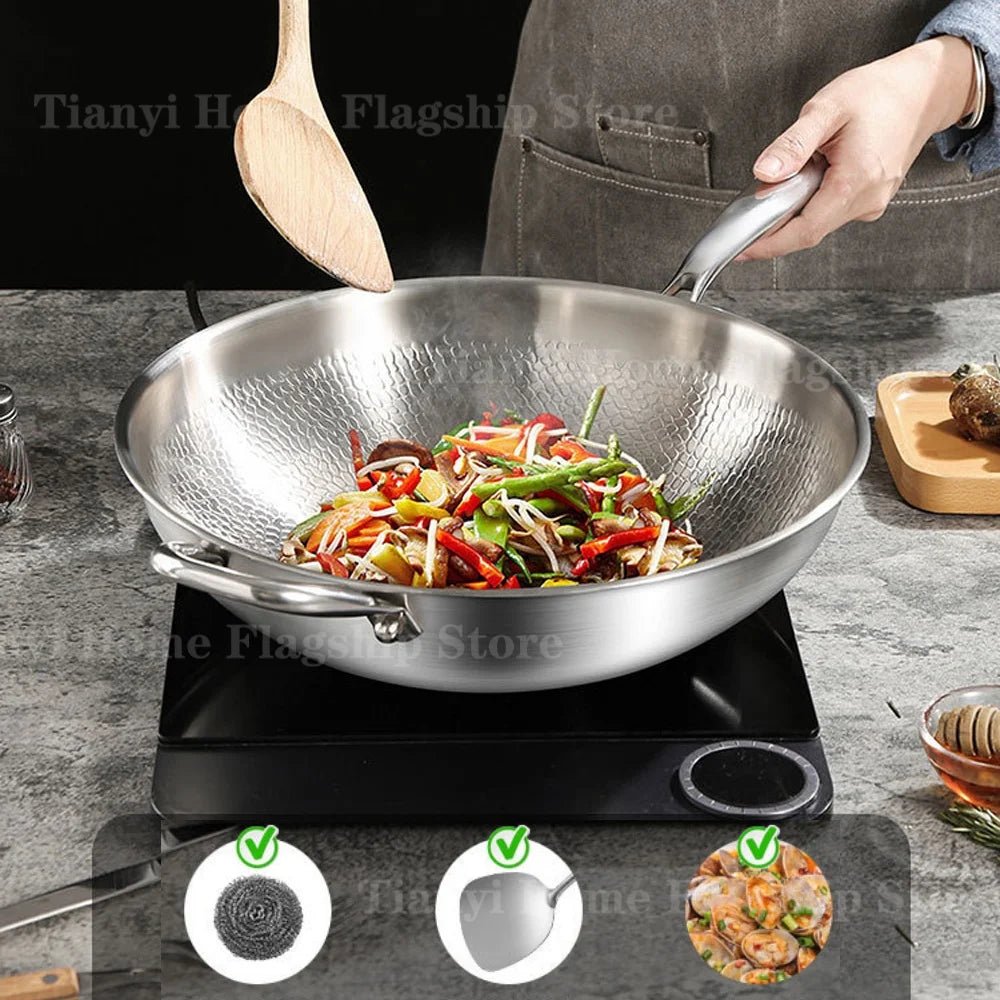 Wok Titane Inox 32/34 cm – Antiadhésif Gaz & Induction Grande Taille