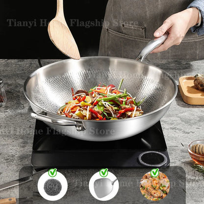 Wok Titane Inox 32/34 cm – Antiadhésif Gaz & Induction Grande Taille