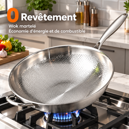Wok titane inox martelé sur feu à gaz