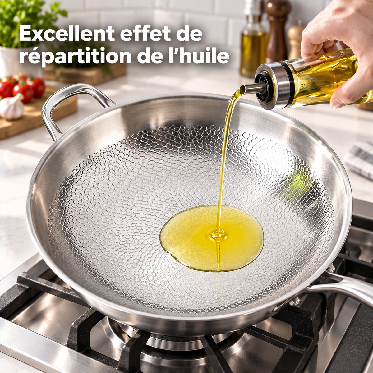 Huile répartie dans le wok titane inox martelé sur feu à gaz