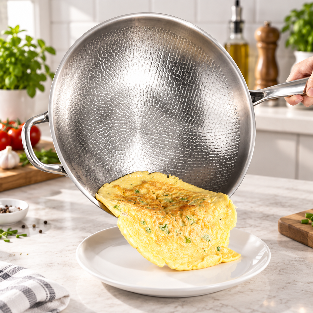 Omelette glissant du wok titane inox martelé