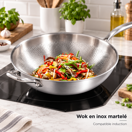 Légumes sautés dans le wok titane inox martelé sur plaque à induction