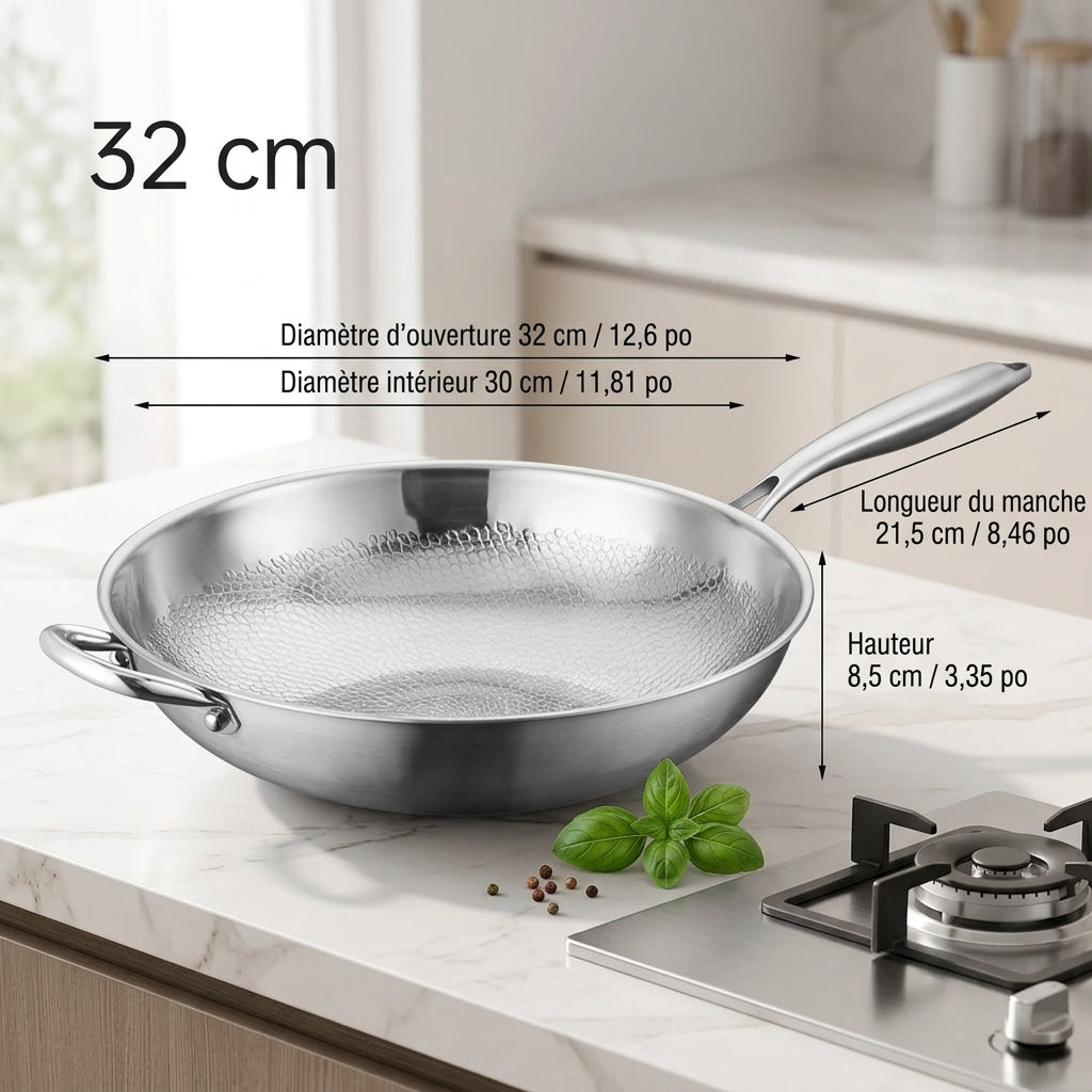 Dimensions du wok titane inox martelé 32 cm