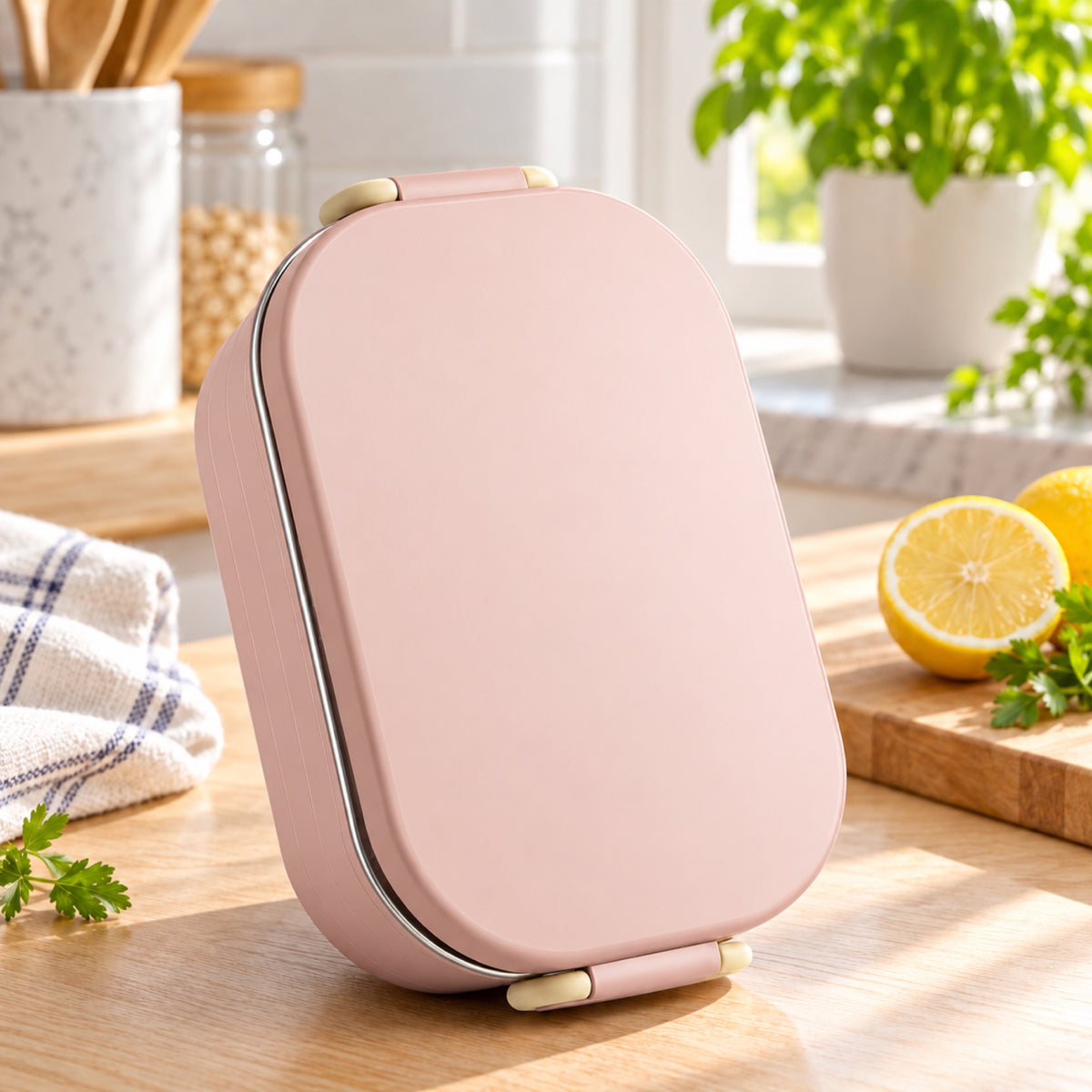 Boîte bento inox 304 rose fermée sur un plan de travail en bois