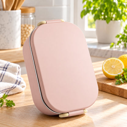 Boîte bento inox 304 rose fermée sur un plan de travail en bois