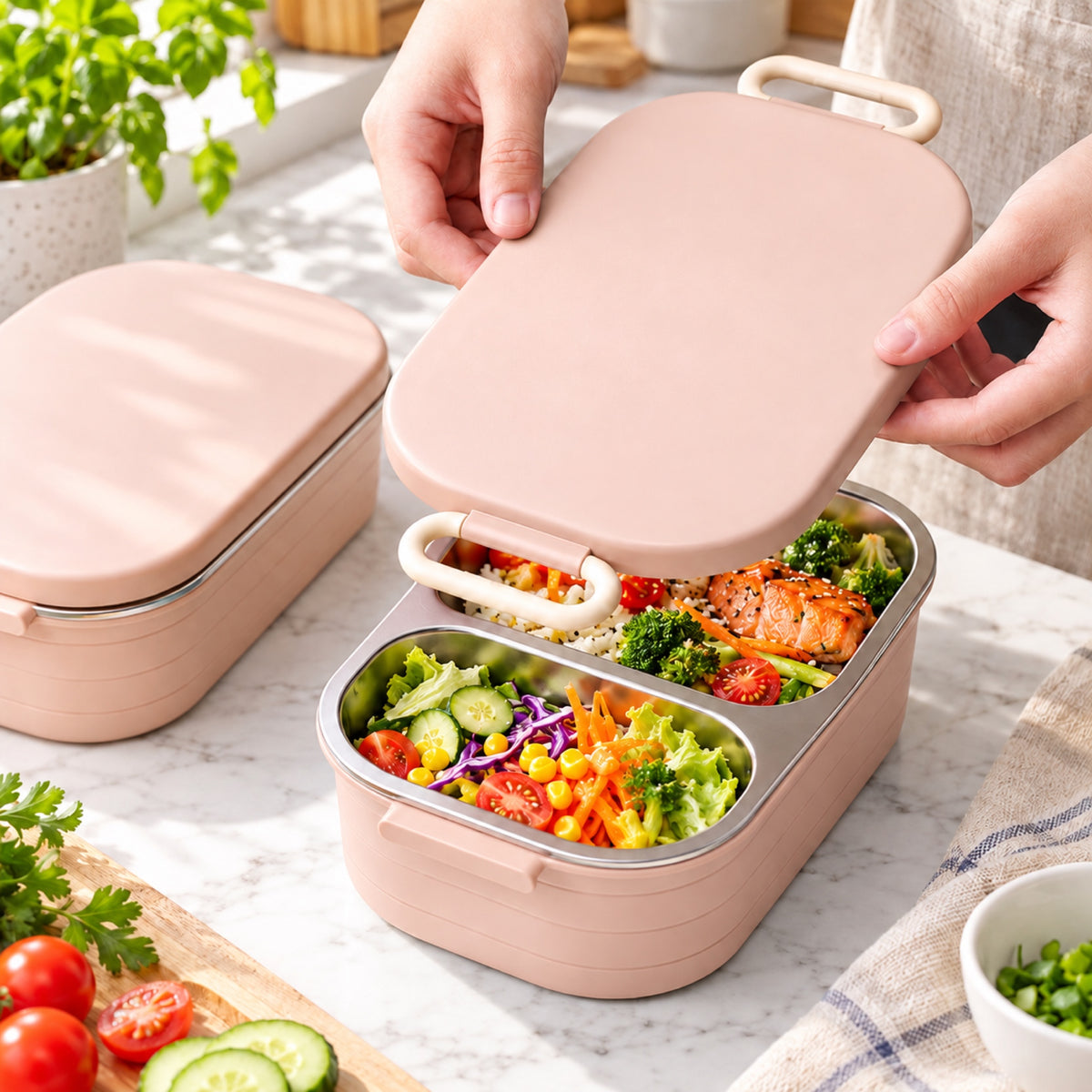 Boîte bento rose ouverte avec compartiments inox remplis de légumes et de riz