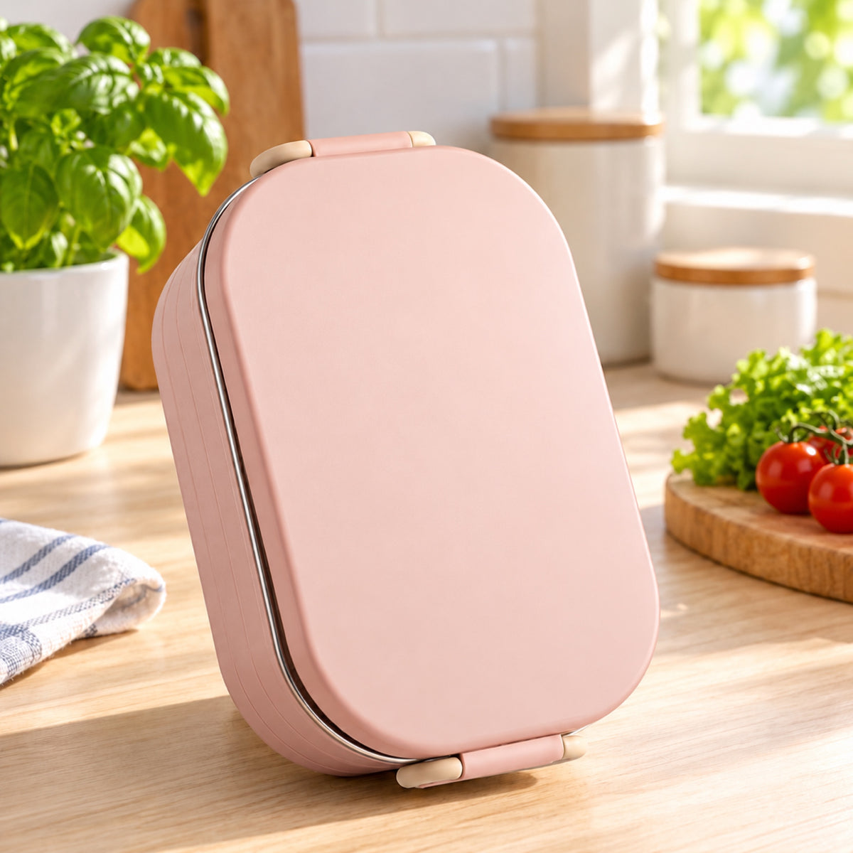 Boîte bento inox rose posée debout dans une cuisine lumineuse