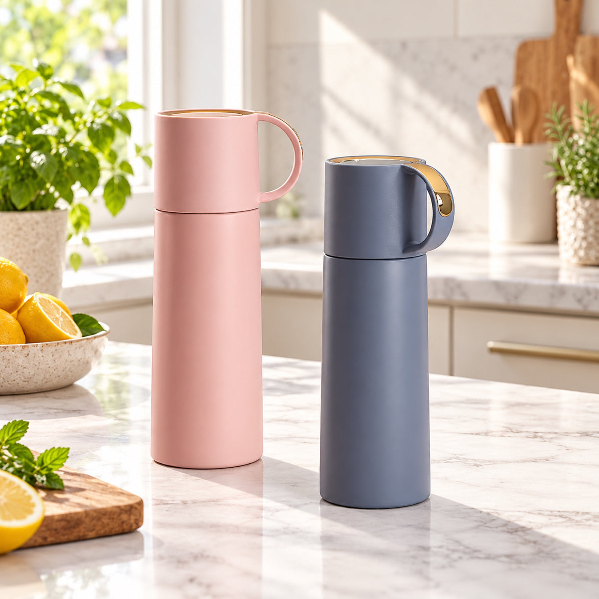Bouteilles isothermes rose et bleue dans une cuisine lumineuse