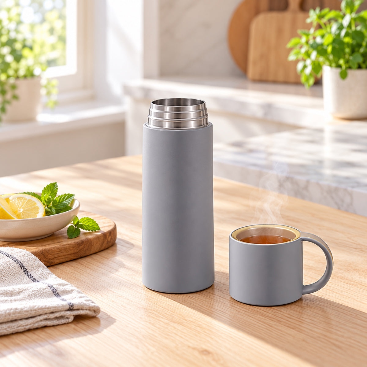 Thermos inox gris avec sa tasse remplie de thé