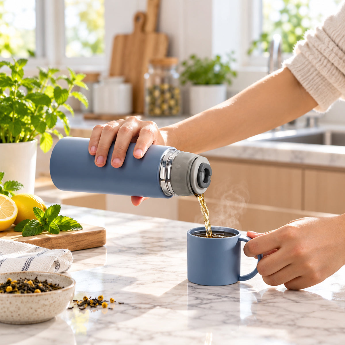 Thé versé du thermos dans la tasse-bouchon