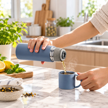 Thé versé du thermos dans la tasse-bouchon