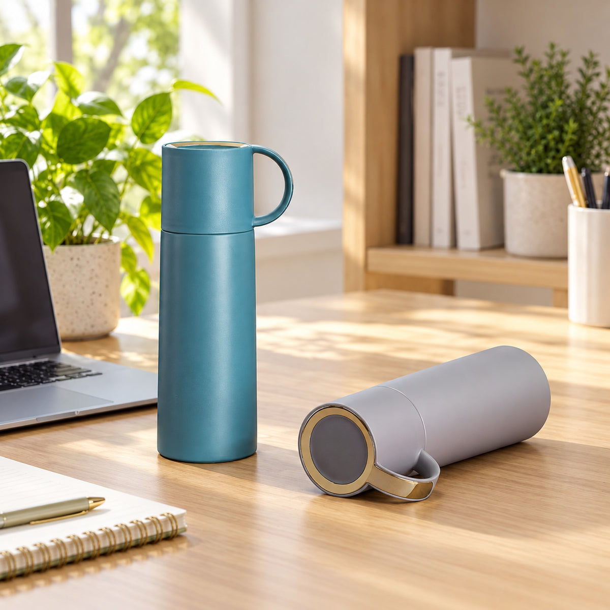 Bouteille isotherme verte sur un bureau clair