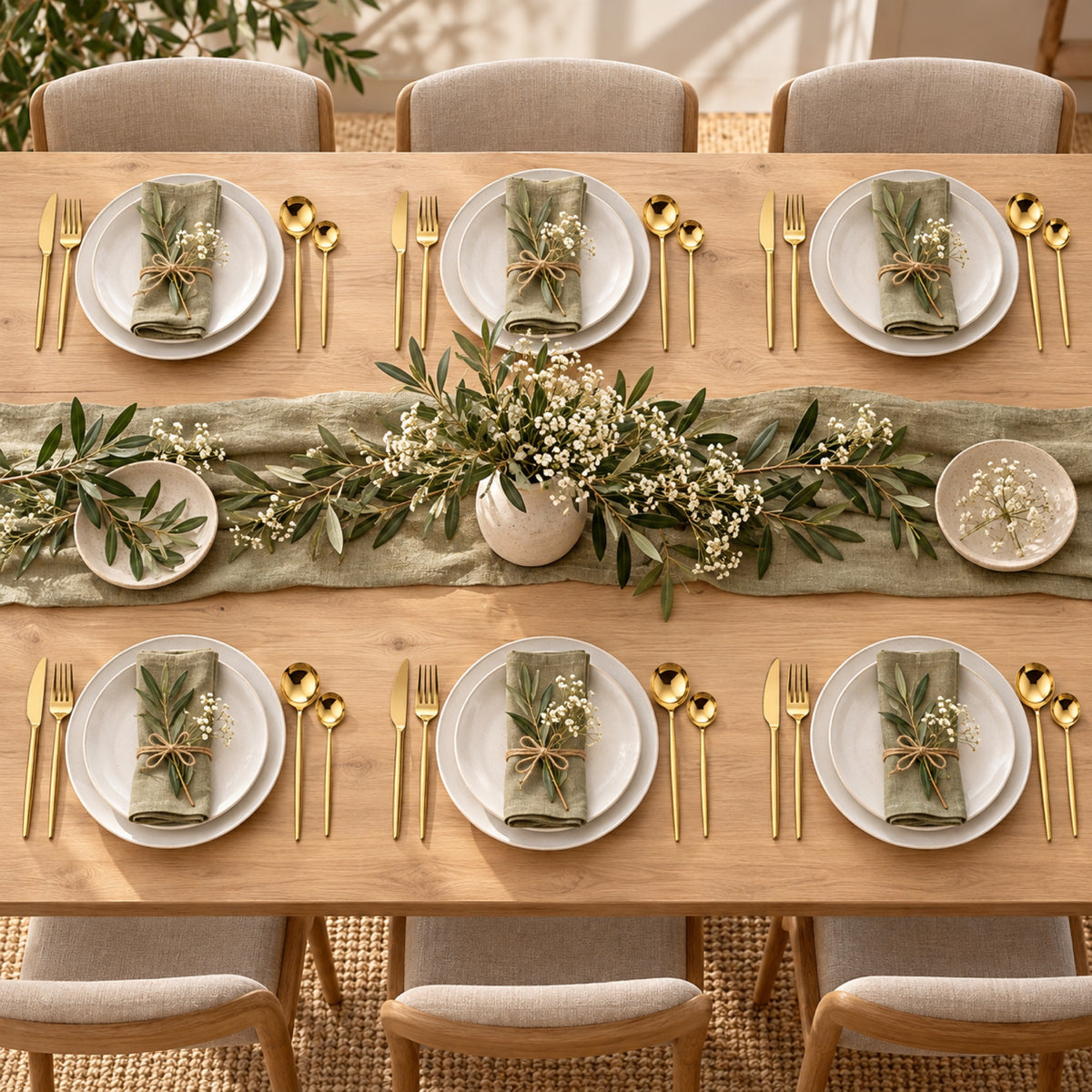 Table dressée pour 6 avec couverts dorés, assiettes blanches et serviettes en lin