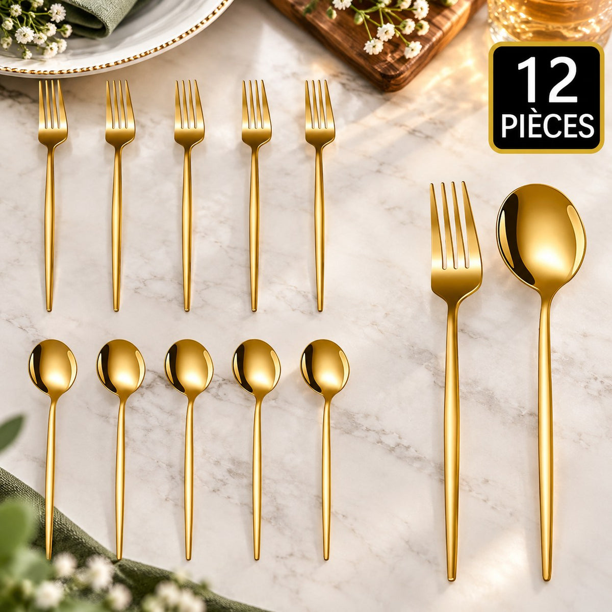 Ménagère inox dorée ou argentée – doré, 12 pièces