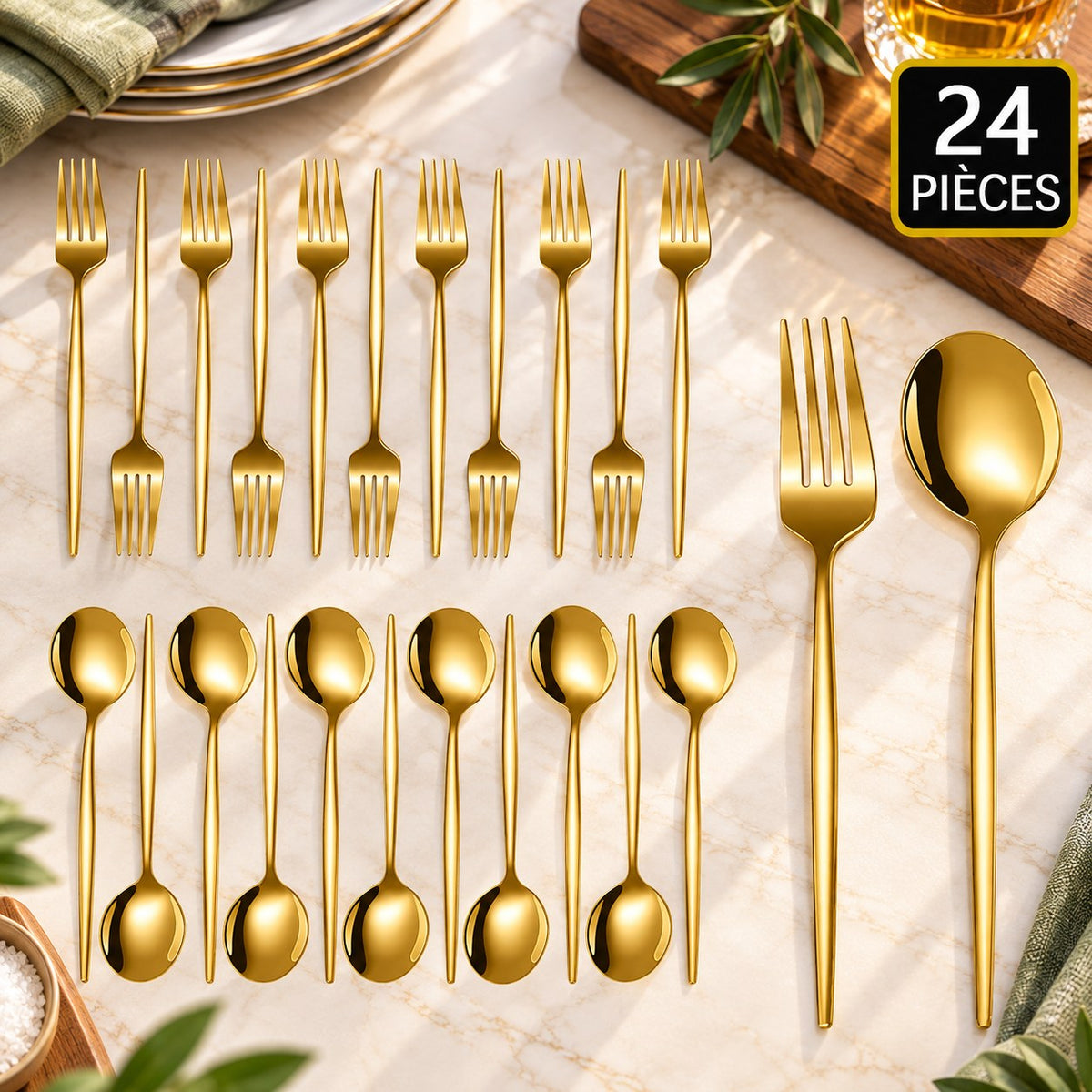 Ménagère inox dorée ou argentée – doré, 24 pièces