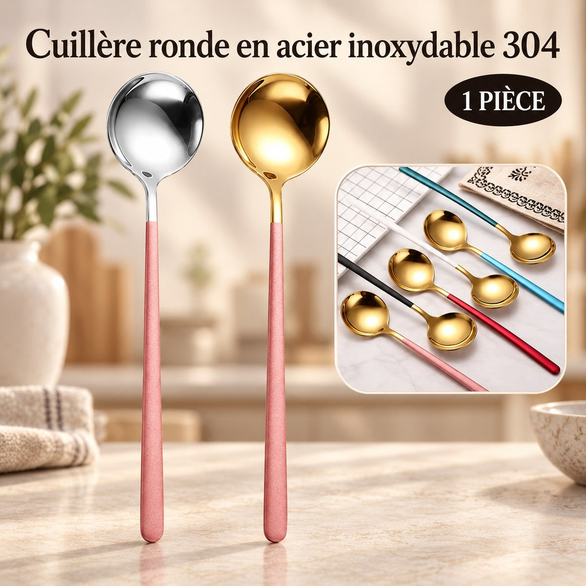 Cuillère ronde inox manche coloré – vue 2