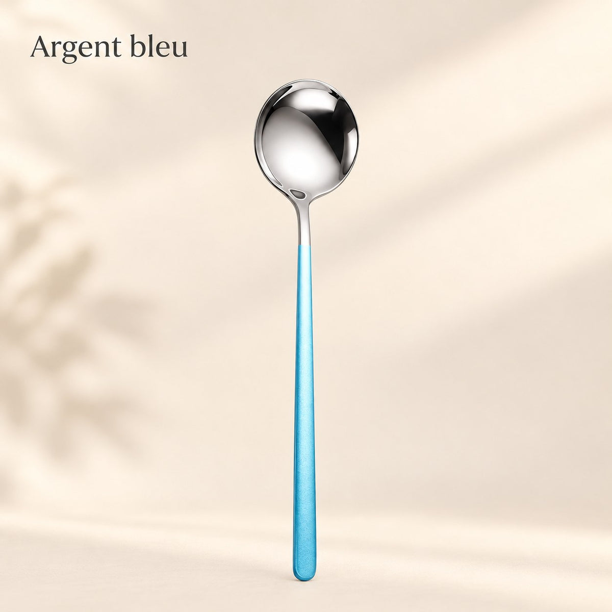 Cuillère ronde inox manche coloré – argent, manche bleu