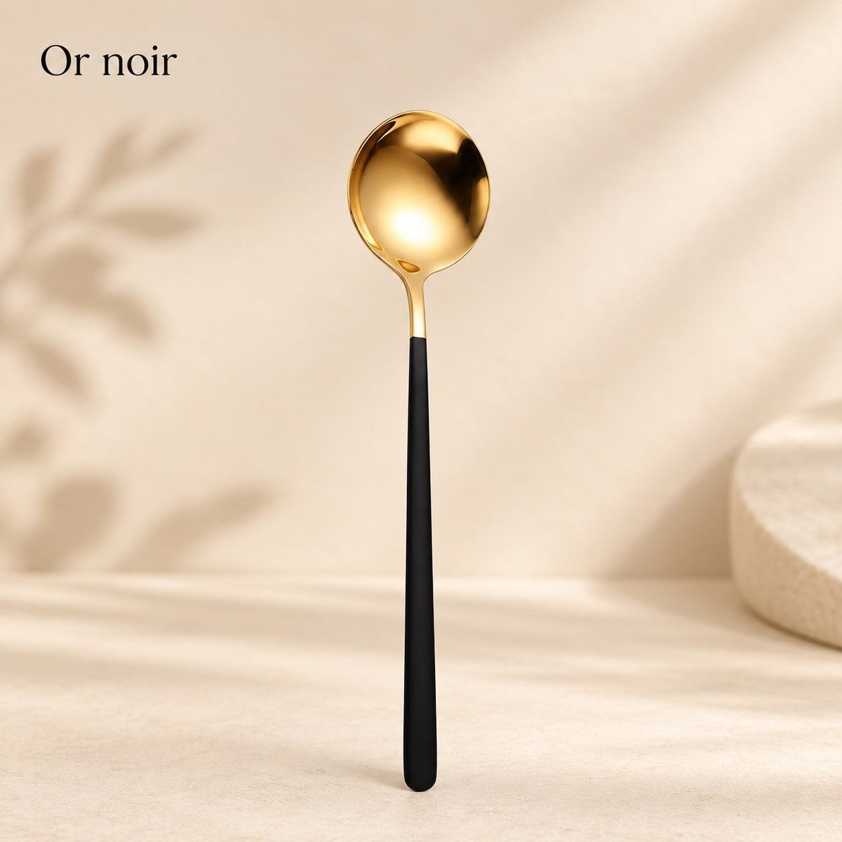 Cuillère ronde inox manche coloré – or, manche noir