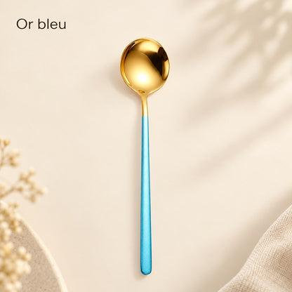 Cuillère ronde inox manche coloré – or, manche bleu