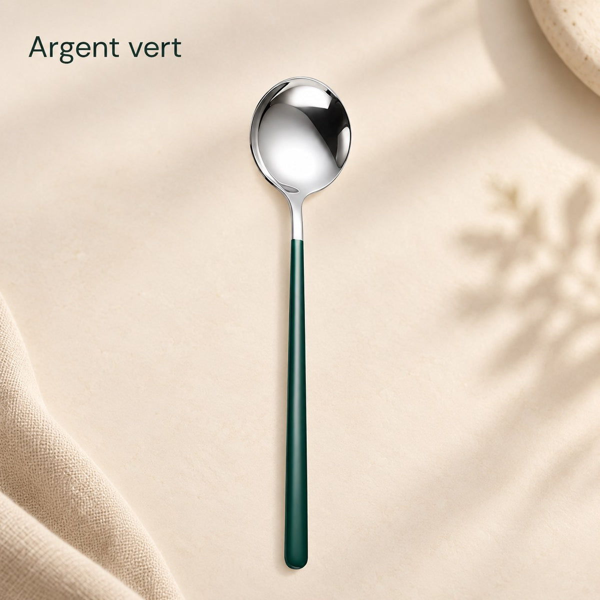 Cuillère ronde inox manche coloré – argent, manche vert