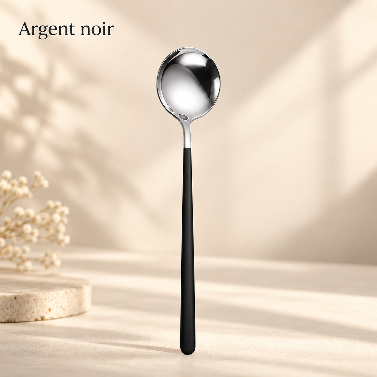 Cuillère ronde inox manche coloré – argent, manche noir