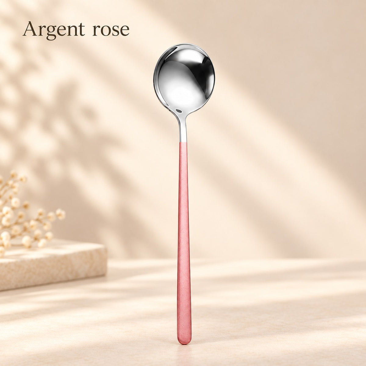 Cuillère ronde inox manche coloré – argent, manche rose