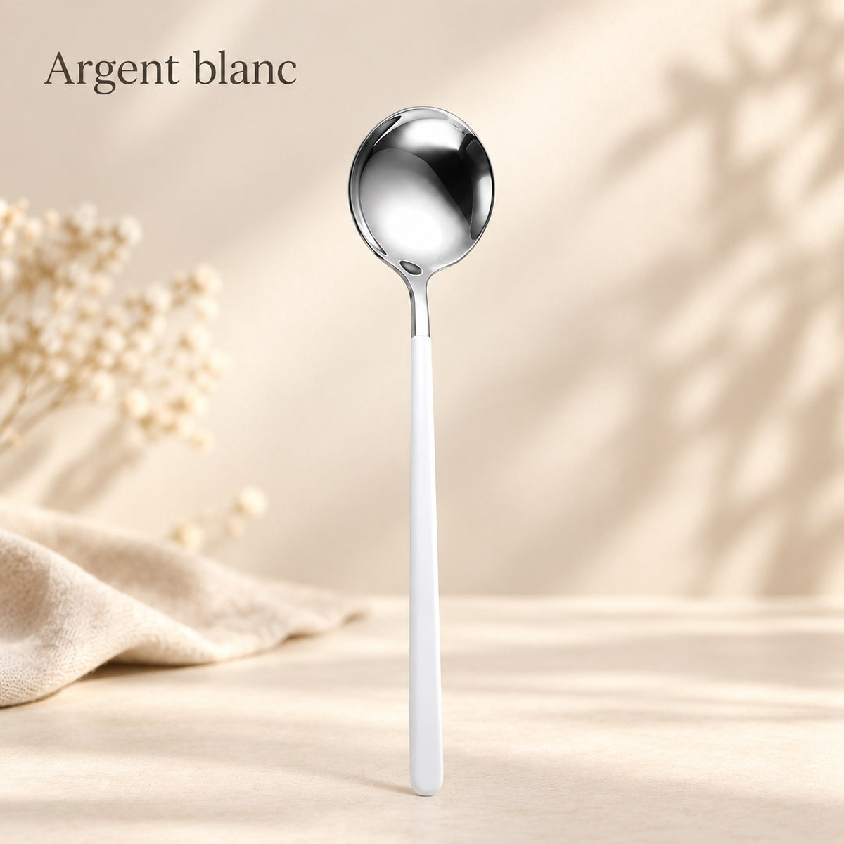 Cuillère ronde inox manche coloré – argent, manche blanc