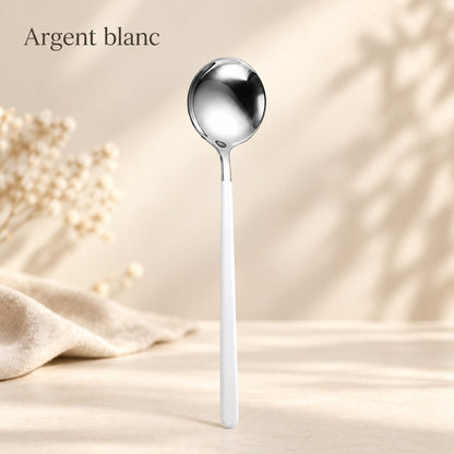 Cuillère ronde inox manche coloré – argent, manche blanc