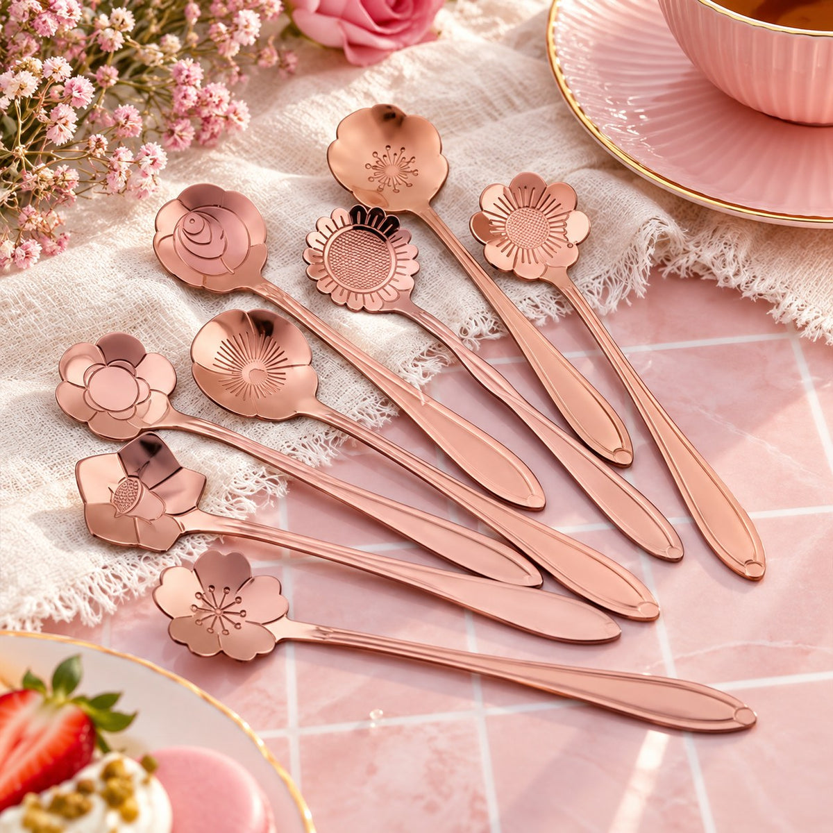 Cuillères à café fleur inox – or rose, lot de 8
