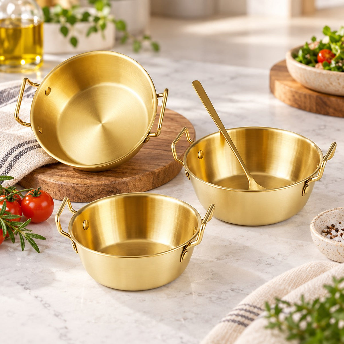 Bol inox 304 doré à poignées – ramen, salade et snacks