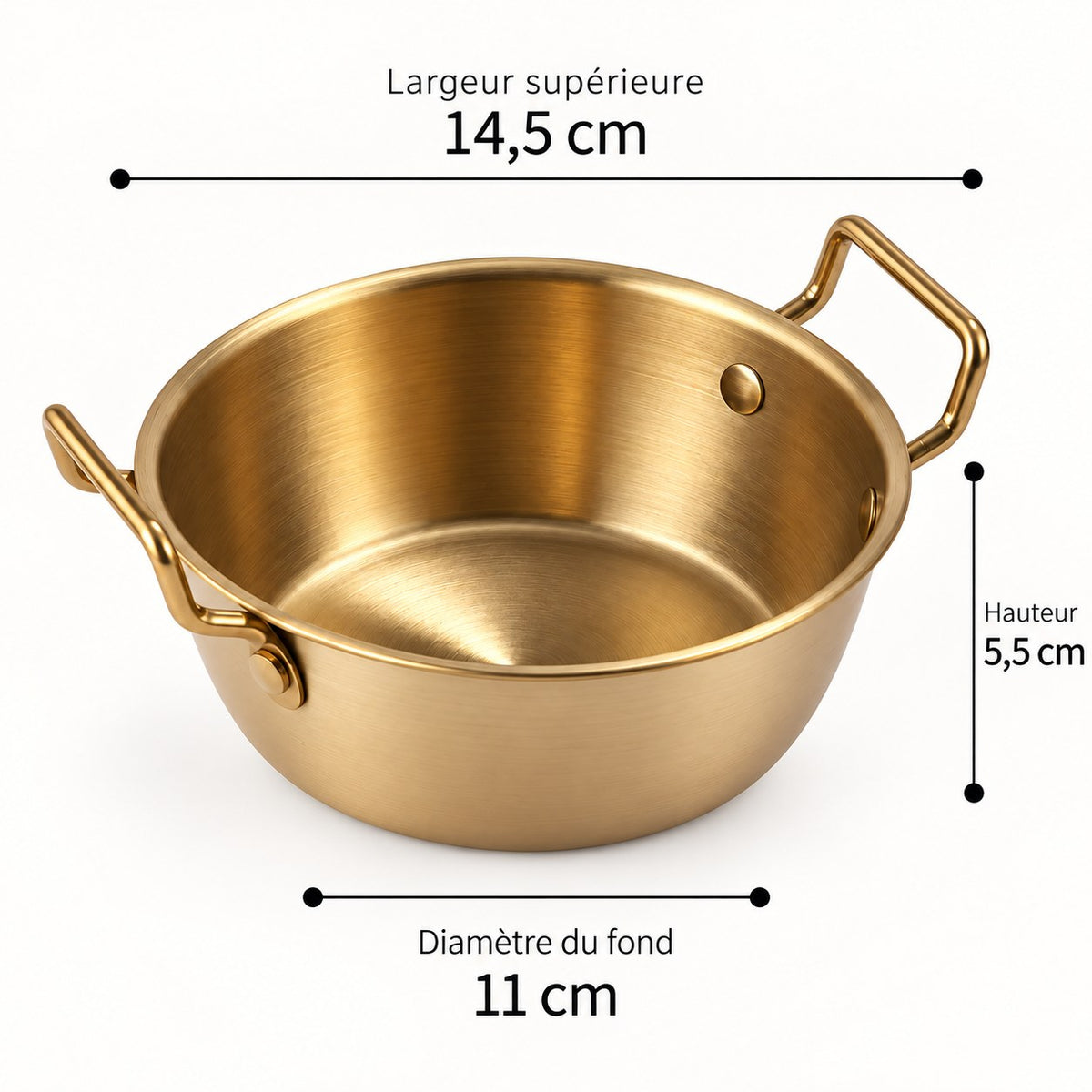 Bol inox 304 doré à poignées – dimensions 14,5 cm, grand modèle