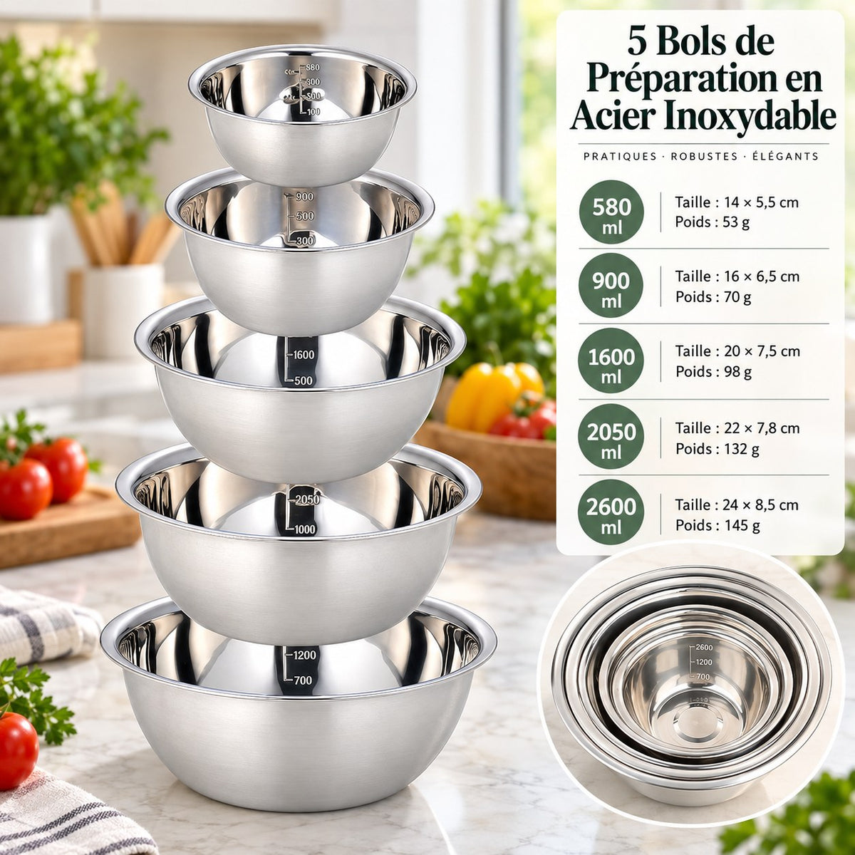 5 bols de préparation en acier inoxydable – contenances