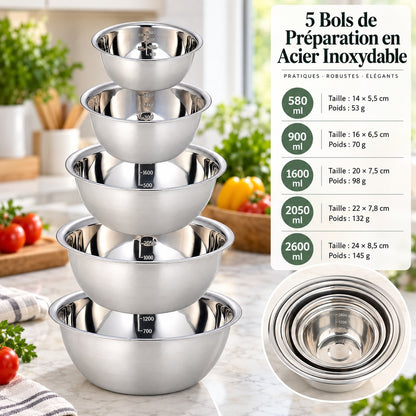 5 bols de préparation en acier inoxydable – contenances