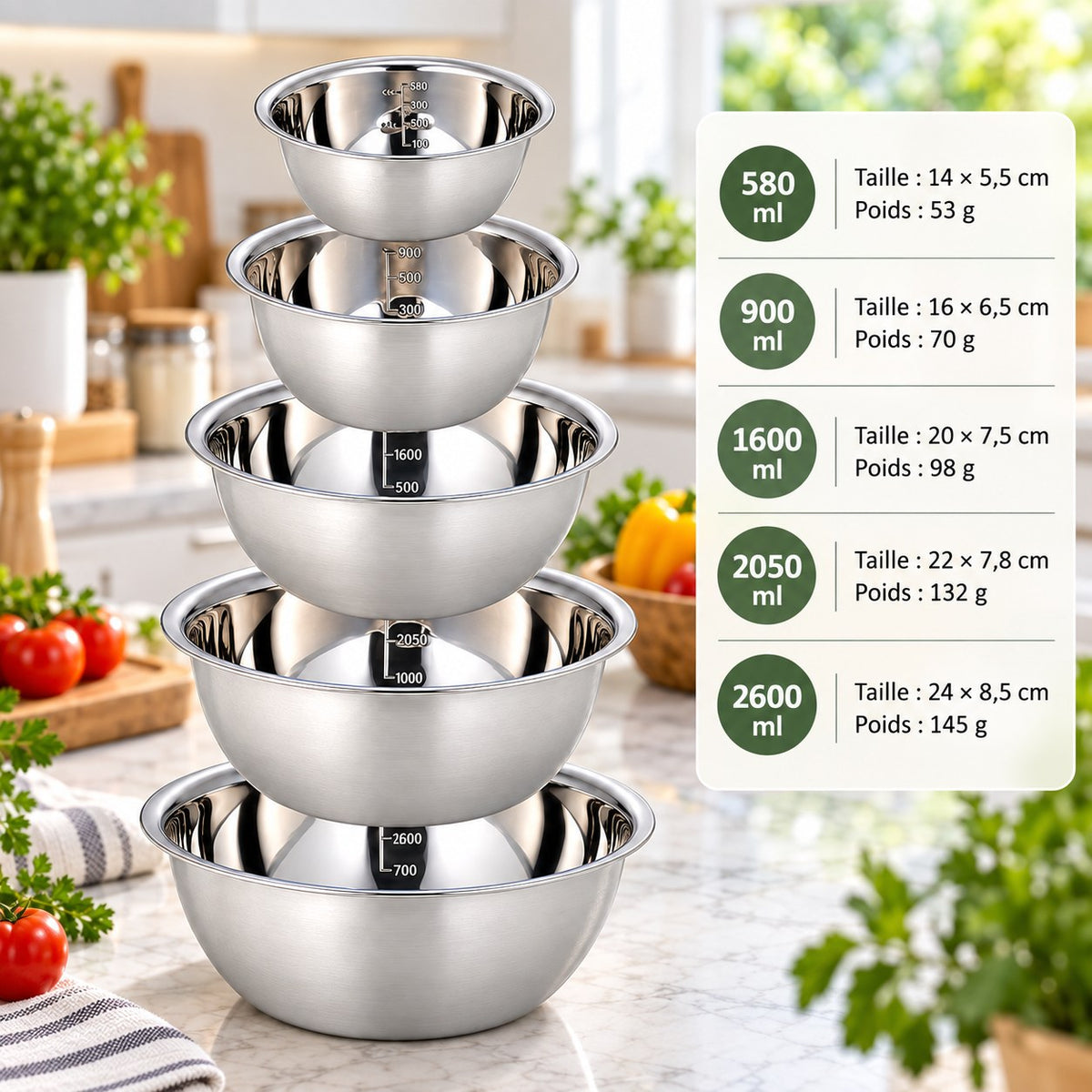 Bols mélangeurs inox – tailles et poids