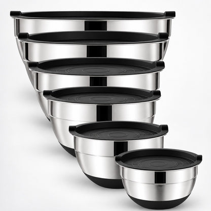 Saladiers inox avec couvercle et base antidérapante, 18 à 28 cm