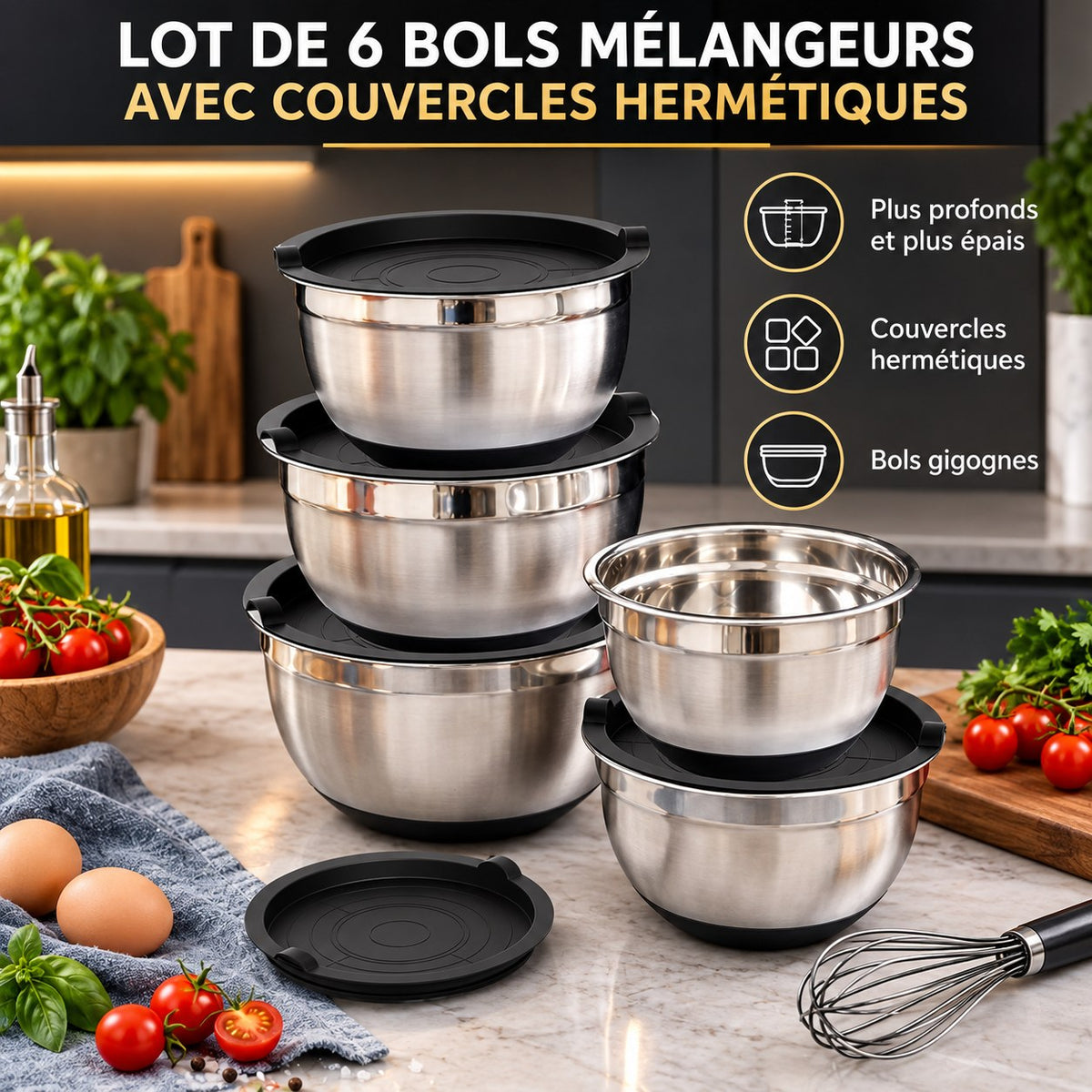 Lot de 6 bols mélangeurs inox avec couvercles hermétiques