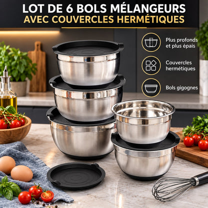 Lot de 6 bols mélangeurs inox avec couvercles hermétiques