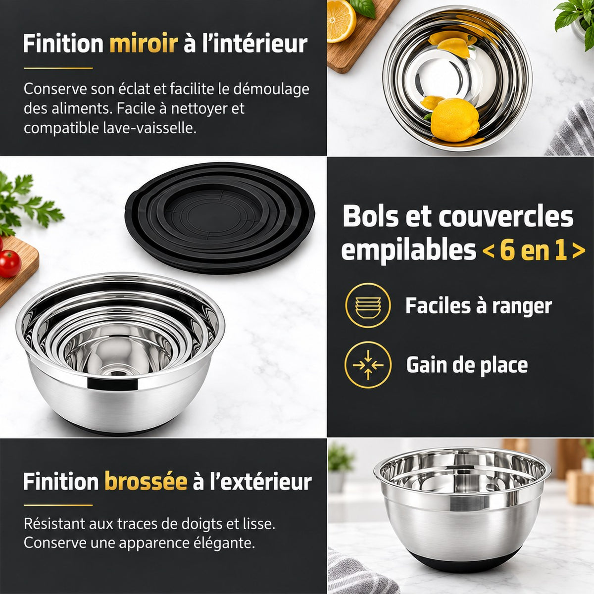 Saladiers inox – finition miroir intérieure, brossée extérieure