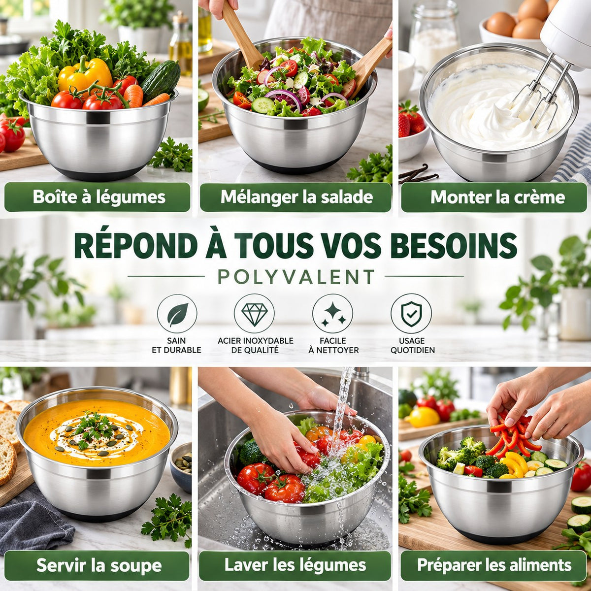 Saladiers inox polyvalents – salade, soupe, crème, légumes