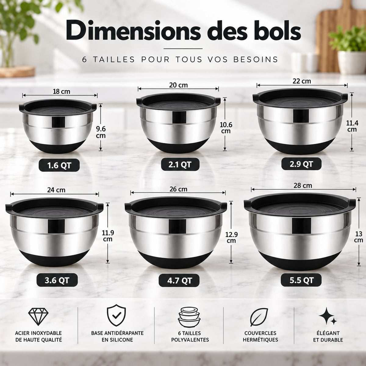 Set complet de saladiers inox – 6 tailles