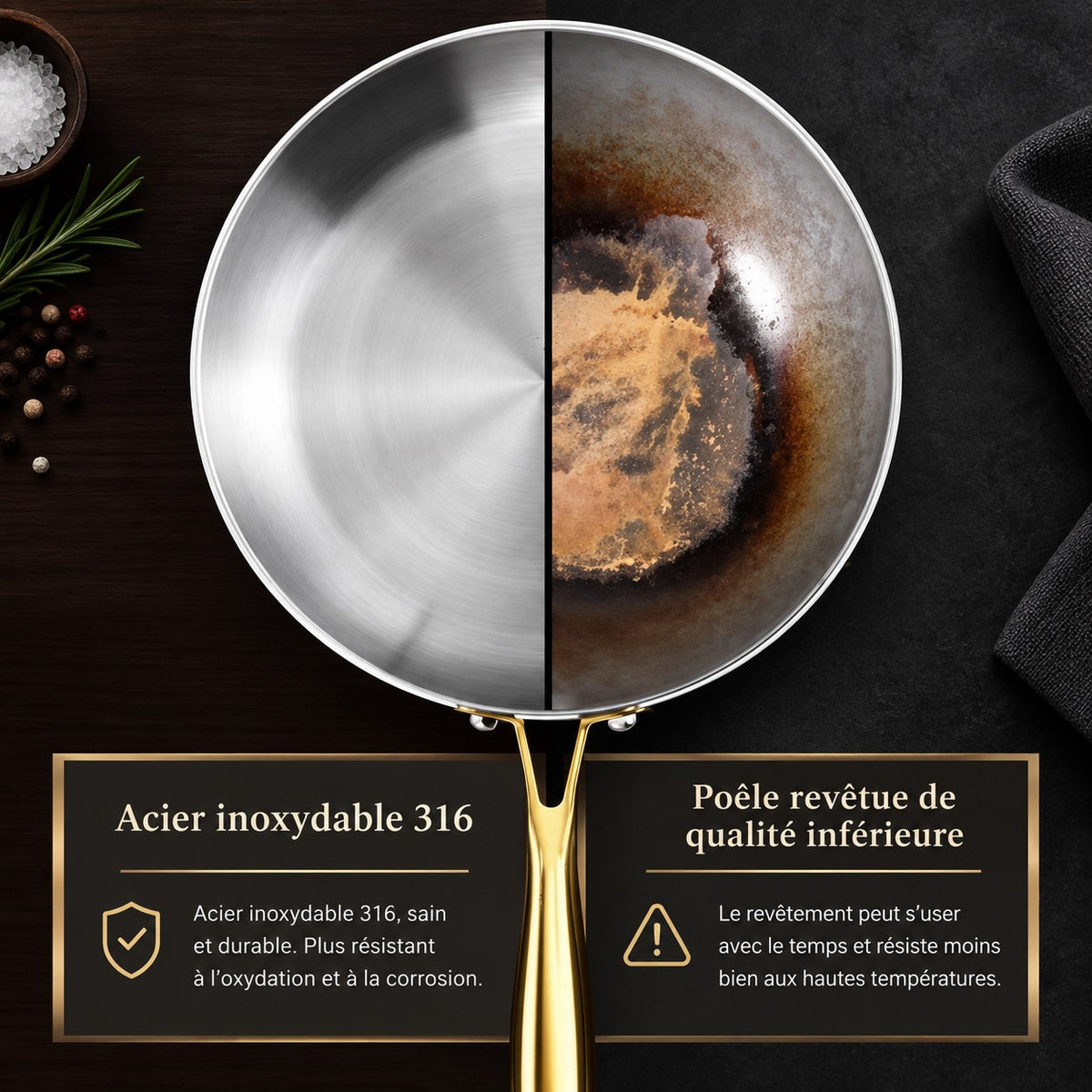 Poêle inox 316 comparée à une poêle revêtue