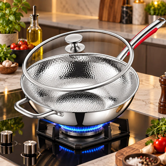 Wok inox martelé à fond rond