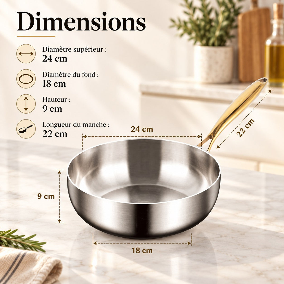 Poêle wok inox 316 profonde – 24 cm